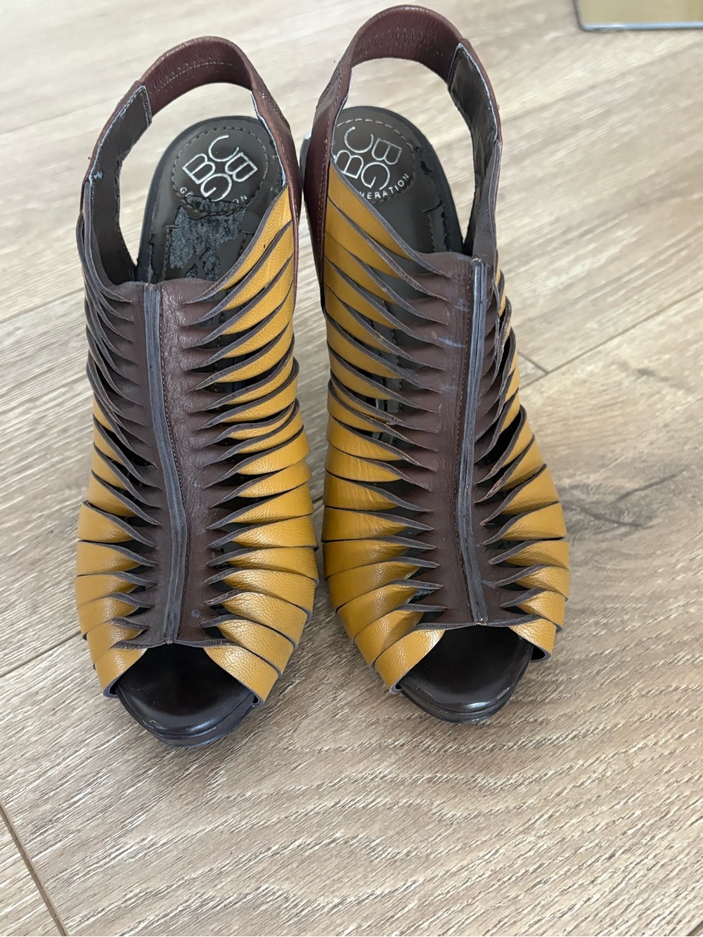 BCBGeneration Mustard Yellow and Brown Cutout Peep-Toe Slingback Heels - Picture 11 of 12
